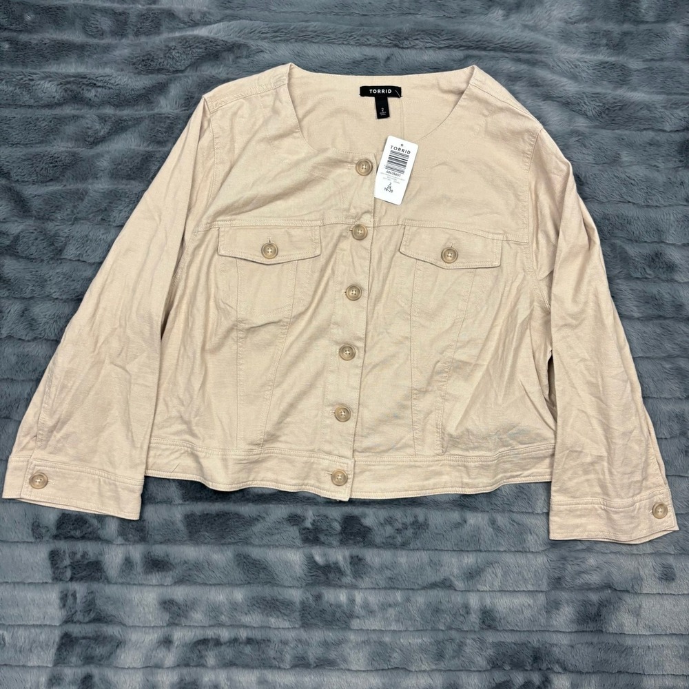 Torrid Linen Cropped Collarless Jacket Mushroom Beige 2 2X 18-20 40435651 NEW
